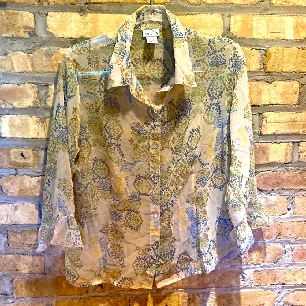 NICOLA Cream and Tan 3/4 Sleeve Button Down Shirt
